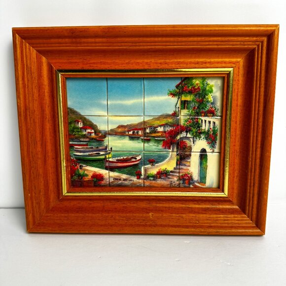 Glazed Tile 1.25" Paint of Mediterranean Coastal Scene Costa Del Sol Ruz Spain - Picture 1 of 14
